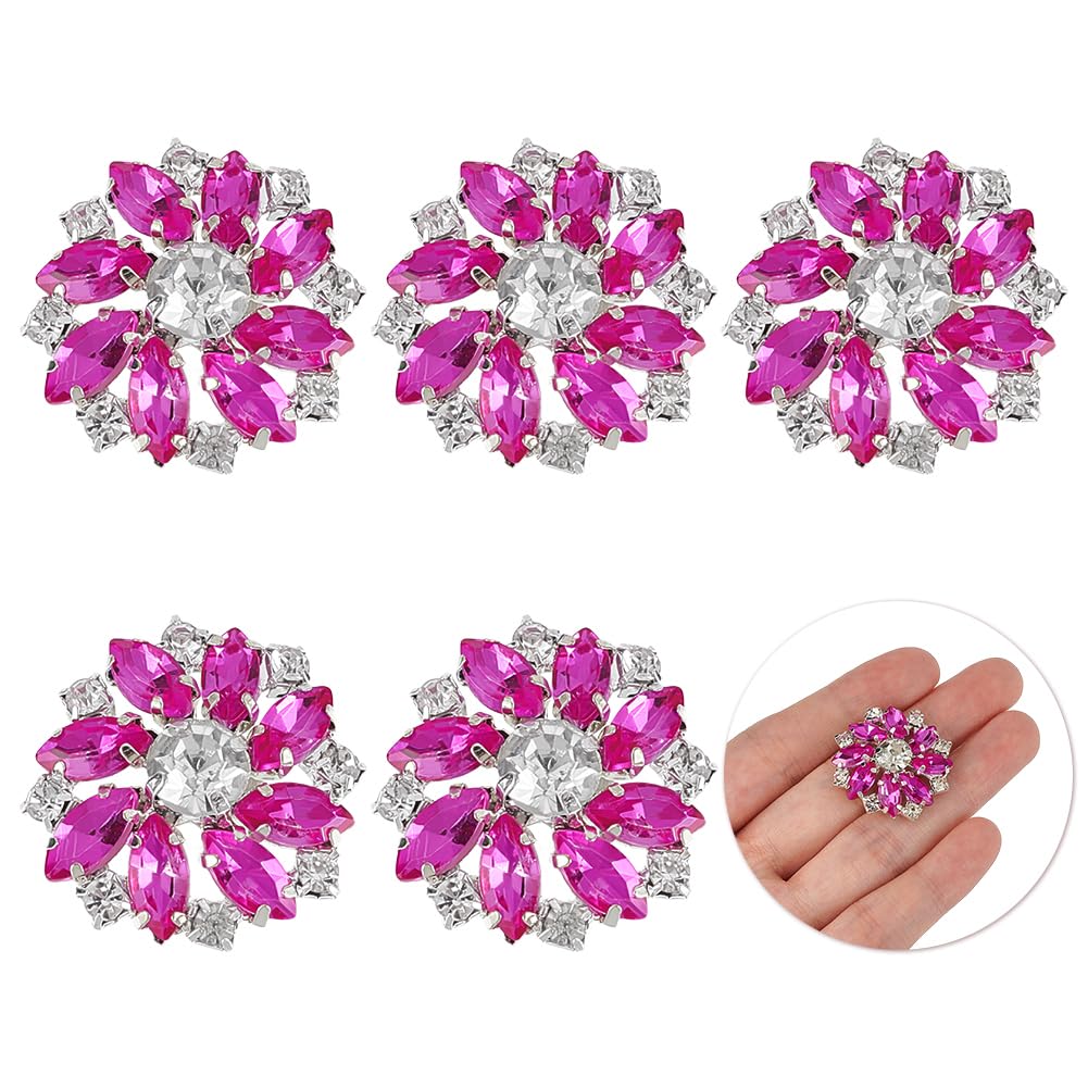 FINGERINSPIRE 6Pcs Fuchsia Silver Flower Alloy Rhinestone Shank Buttons 26mm Bouquet Rhinestone Buttons with 1-Hole & Flat Back Sew On Crystal Embellishments Metal Snowflake Button with Fashion Claw
