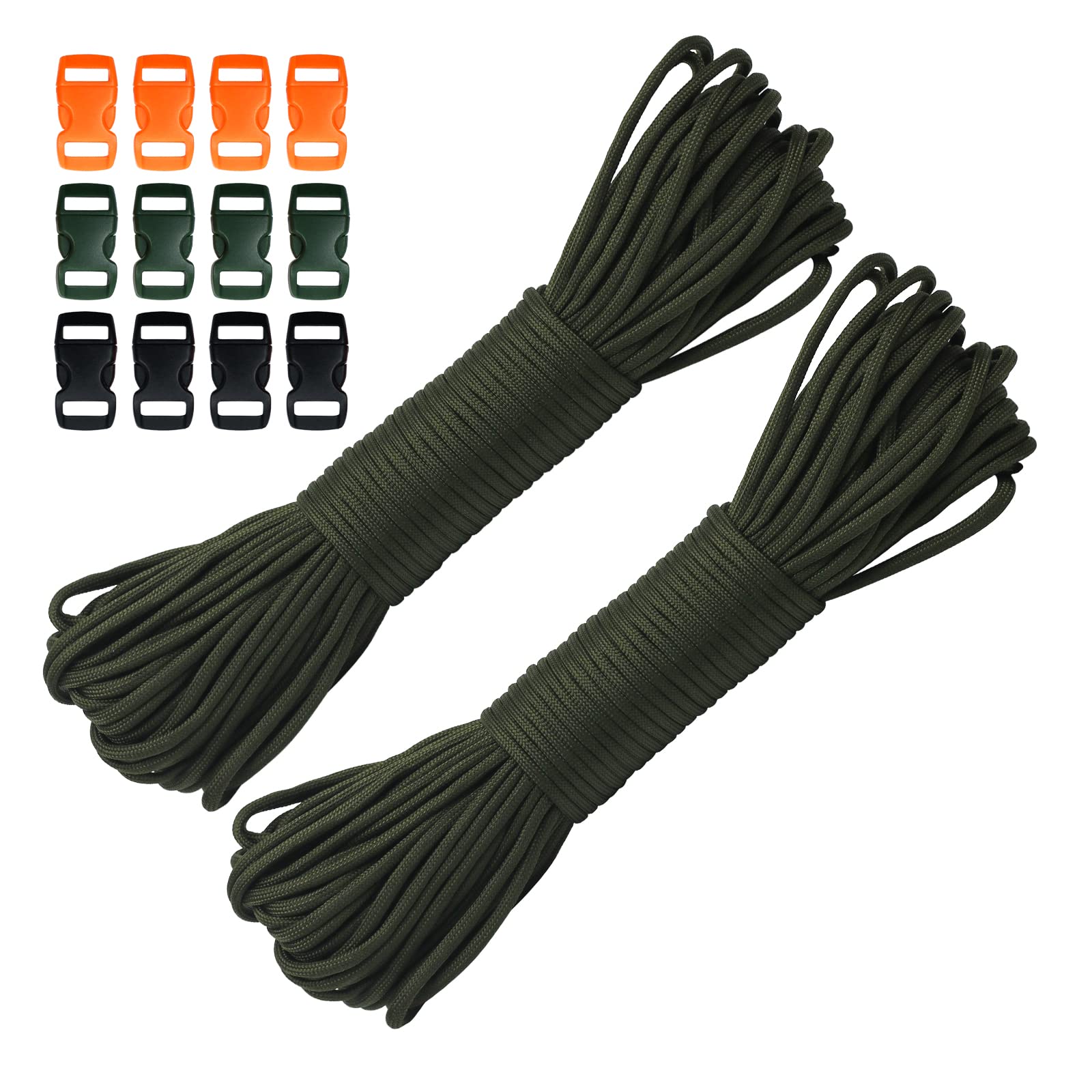 60M 550lb Paracord Rope 4mm Heavy Duty 7 Strand Nylon Cord Tent Rope Cord with 12 Plastic Buckles for Camping Hand Crafting (Army Green, 4mm * 60M)