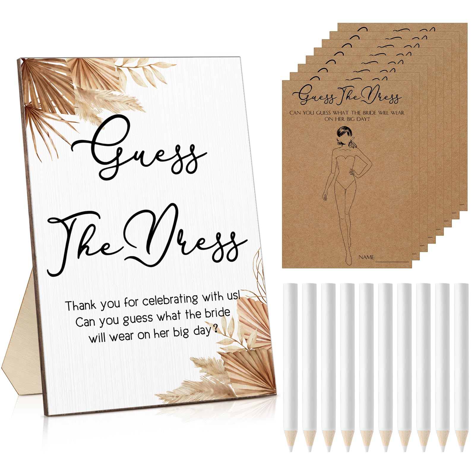 Photo 1 of Seajan Guess The Dress Bridal Shower Game Wooden Sign Fun Bridal Shower Games Table Sign 50 Small Guessing Cards 50 Pencils for Guests Wedding Bachelorette Party Supplies(Boho)