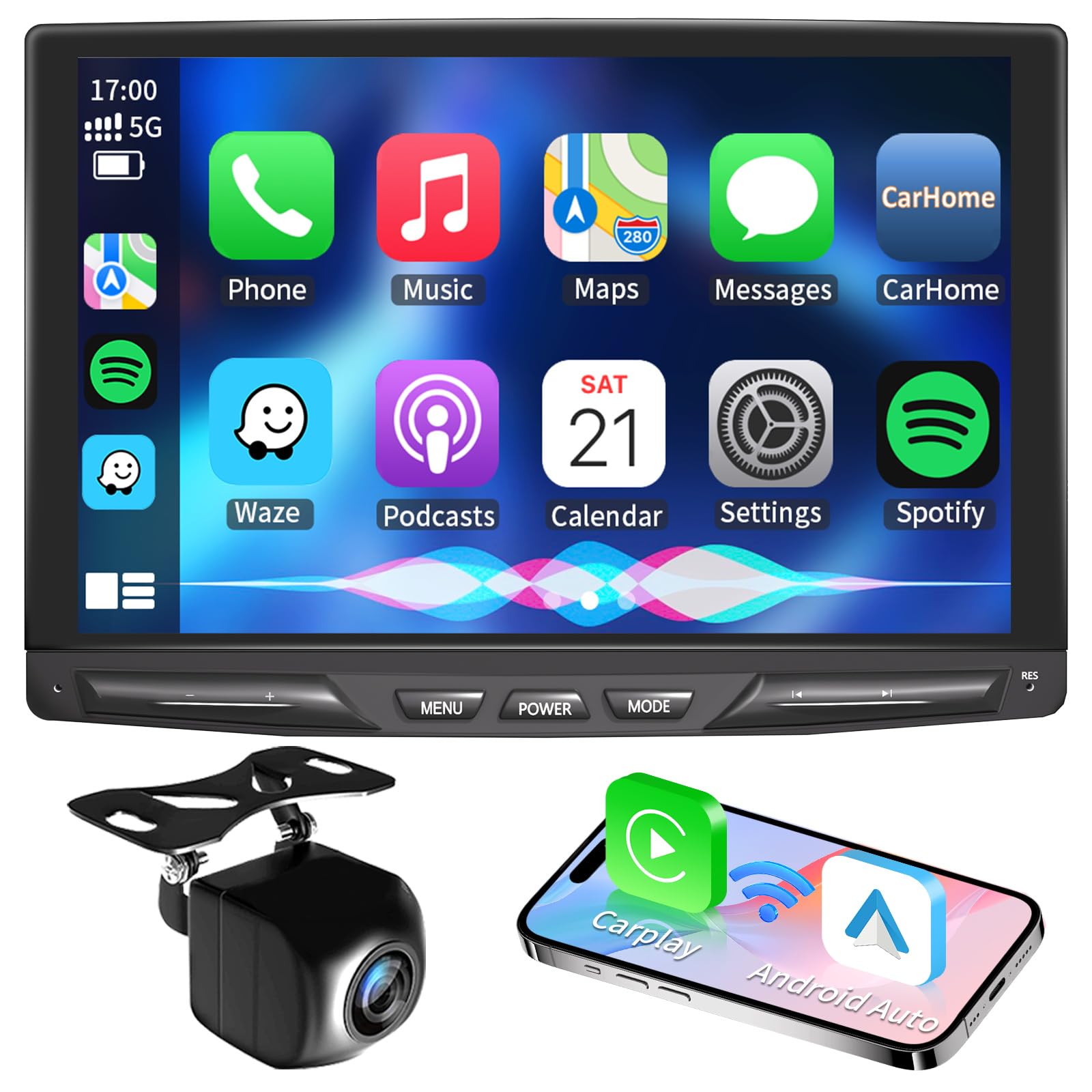 Photo 1 of 10.1" Detachable and Adjustable Single Din Car Stereo Wireless Apple Carplay &Android Auto with 1280 * 800 IPS Touch Screen, Bluetooth 5.2/Voice Control/Subwoofers/FM/AM/SWC/Free Backup Camera