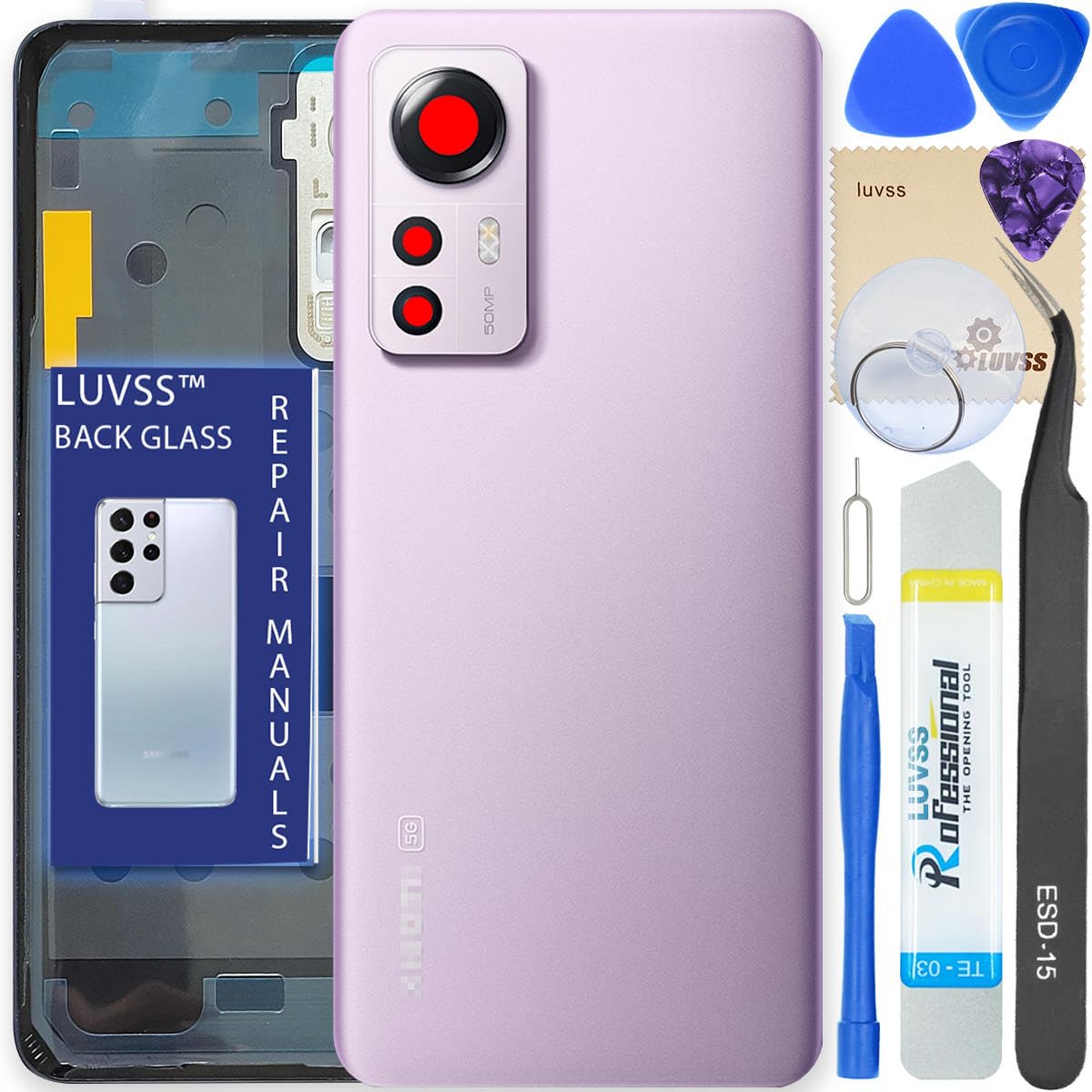 LUVSS Back Glass Cover Replacement Compitable for Xiaomi 12 5G Rear Cover + Camera Lens + Repair Manual DIY Tools Kit (Purple)