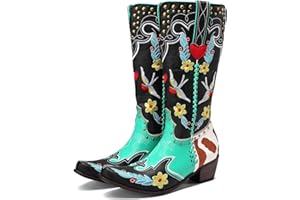 XEYANFYS Women's Swallow Floral Embroidered Cowgirl Boots - Chunky Low Heels - Handmade Rivets - Western Cowboy Knee High Boots - Pull On - Blue, Black, Green - Patchwork - Wide Calf