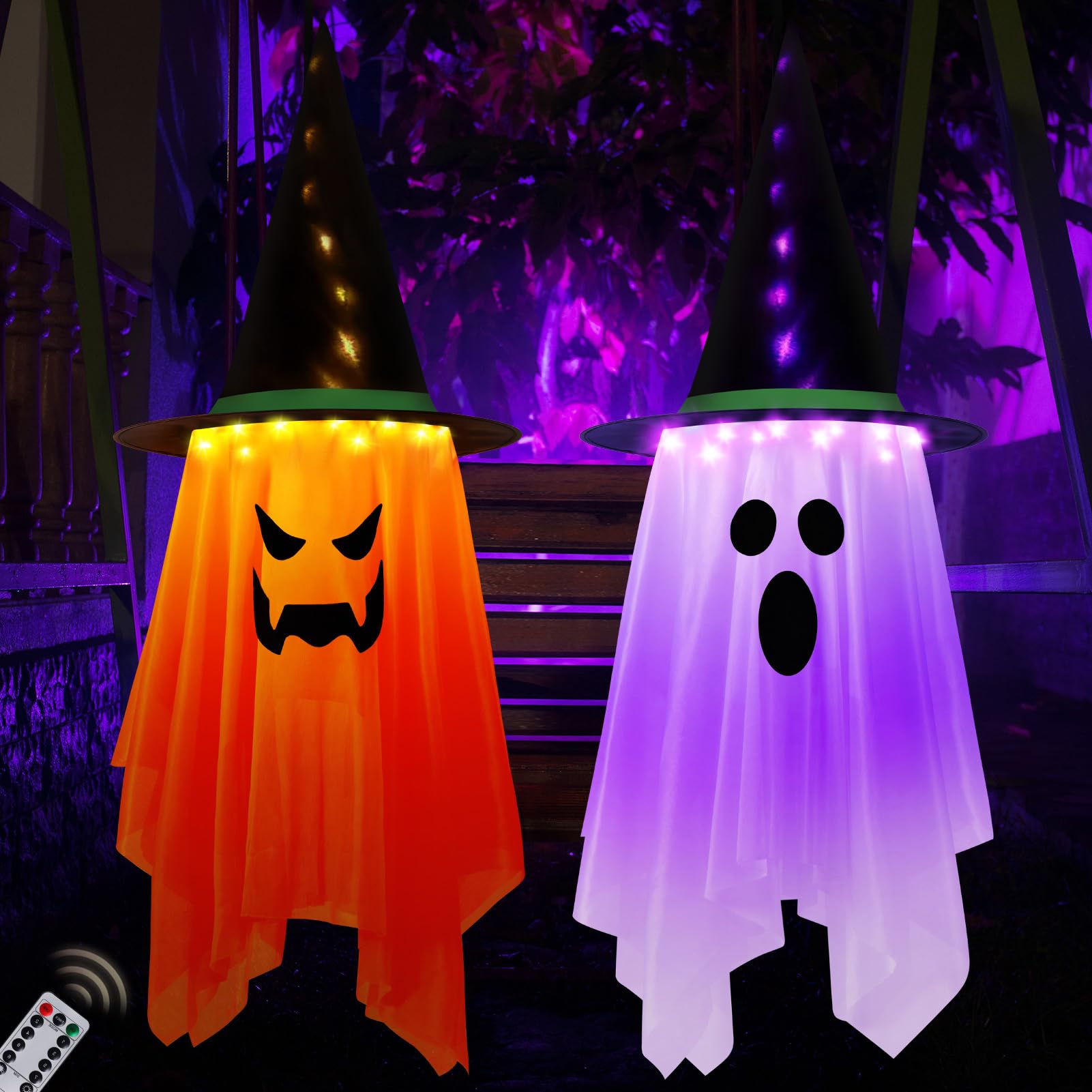 Photo 1 of 2PCS Halloween Decorations Outdoor Indoor, 41" x 14" Large Size Halloween Hanging Lighted Glowing Ghost Witch Hat Lights Ornaments Hanging Ghosts Decorations for Halloween Party with Remote Control