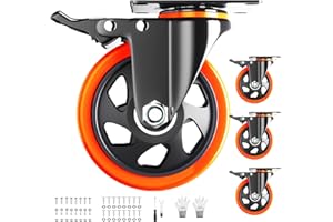 WOZESEIK Casters Set of 4 Heavy Duty,5 Inch Caster Wheels with Brakes, Swivel Top Plate Casters No Noise Locking Castor with Polyurethane Wheels for Cart, Furniture,Workbench,Cabinet(Two Hardware Kits Include)