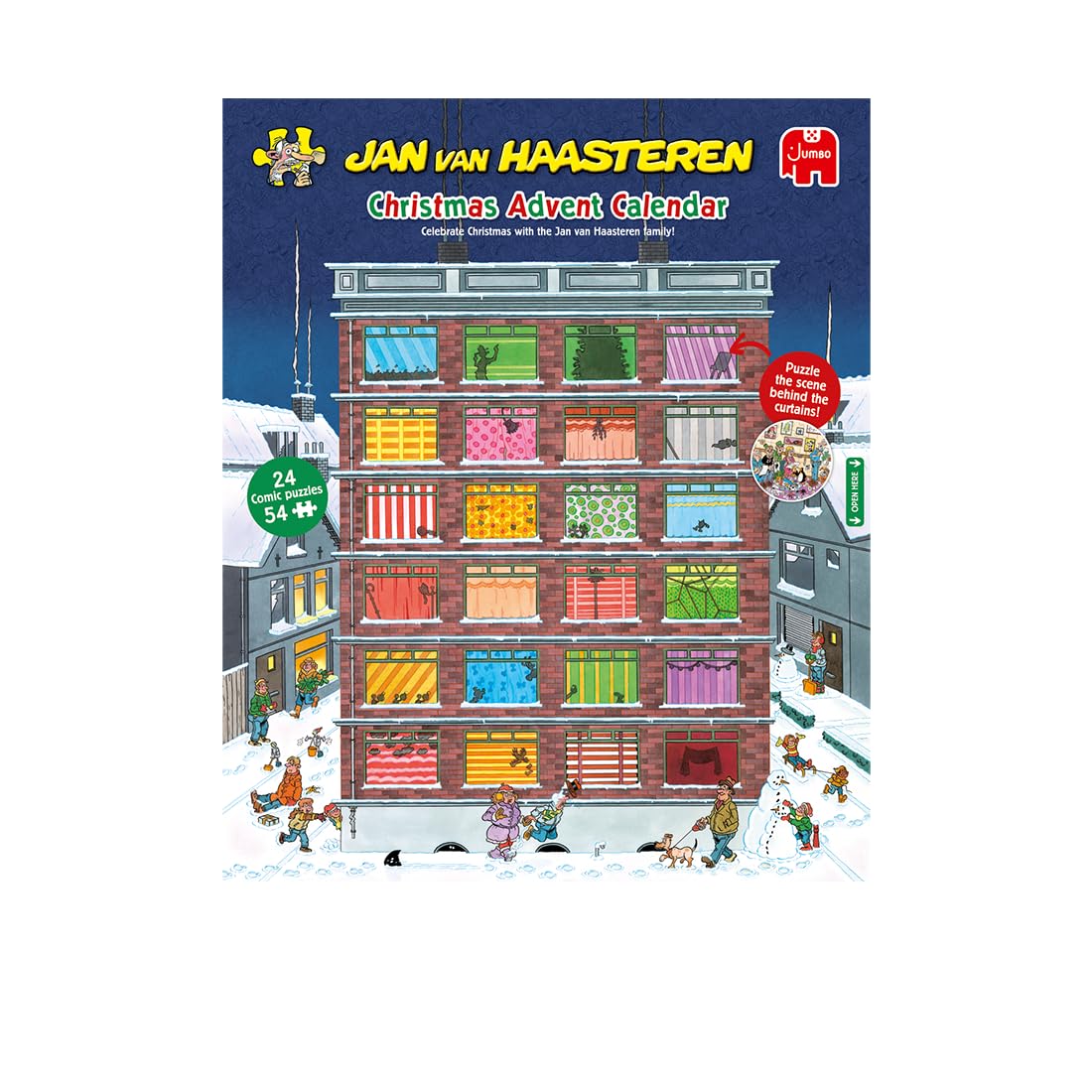 Jan Van Haasteren Christmas Advent Calendar - 24 Days of Puzzles, Puzzle the Scene Behind the Curtains - Fun 54 Piece Adults Puzzle & Comic Puzzle -100% Recycled Cardboard Jigsaw Puzzle for Adults