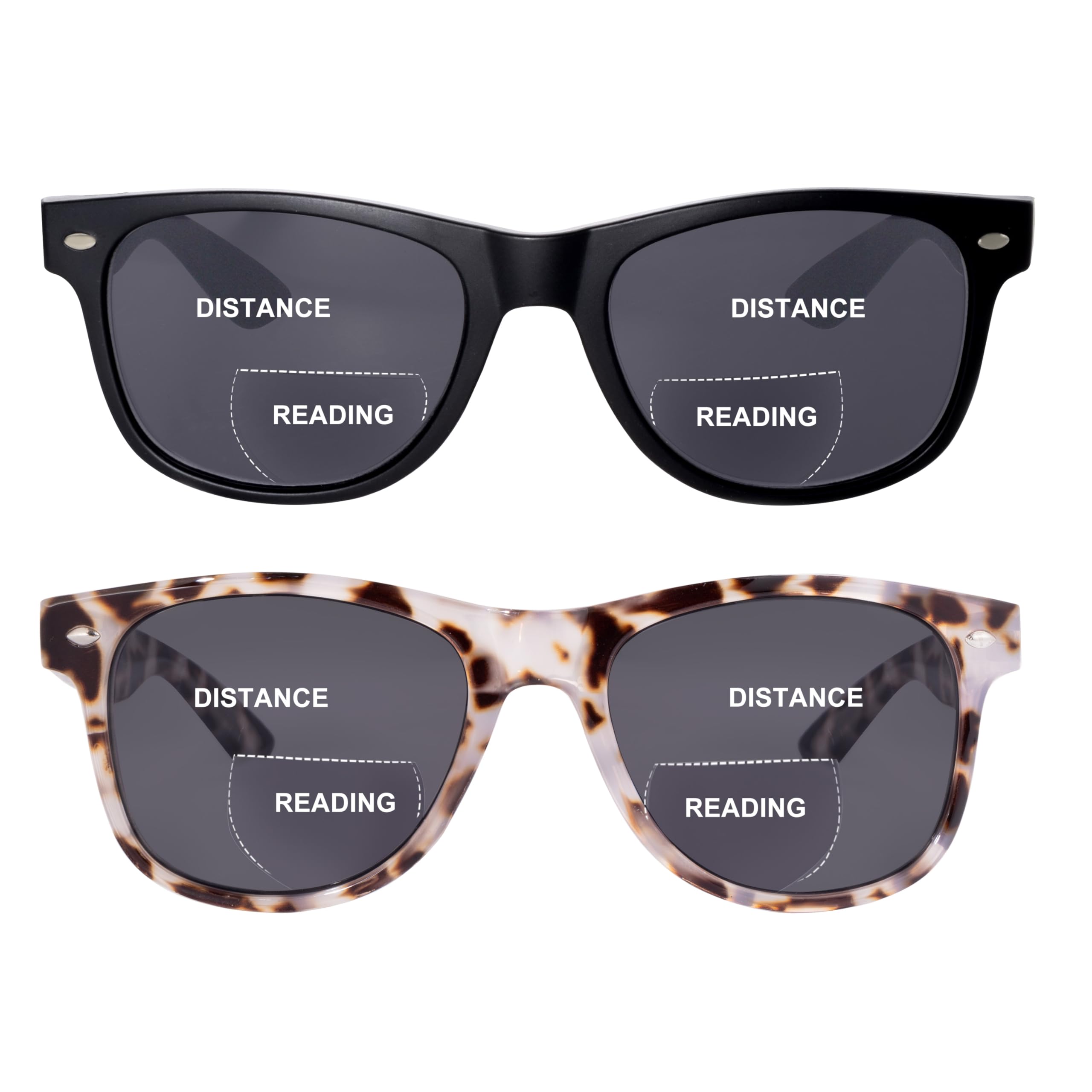 OuShiun 2 Pack Bifocal Reading Sunglasses for Women, Classic Retro Sun Readers UV400 Protection(Magnification 1.50, Black/White Tortoise)
