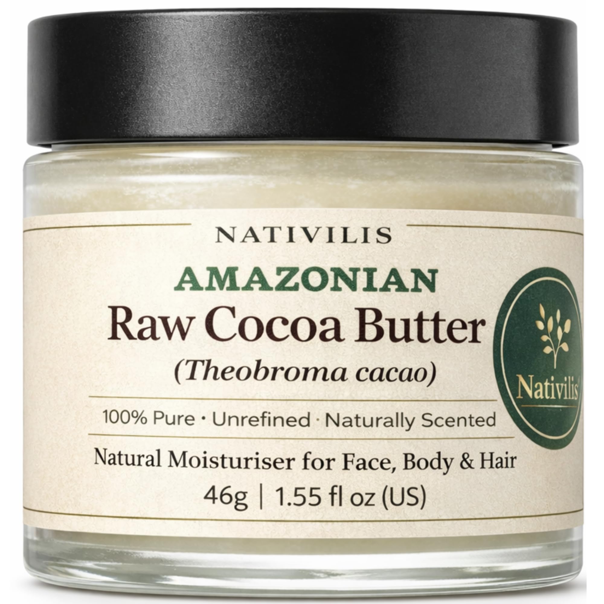 Nativilis Raw Cocoa Butter 100% Pure & Unrefined (Theobroma Cacao) – Natural Moisturiser for Face, Body & Hair – Deep Hydration, Skin Barrier Support & Elasticity – Natural Cocoa Aroma – 46g