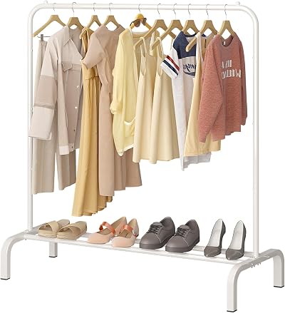 JIUYOTREE Metal Clothes Rail 110 cm Coat Rack with Bottom Shoe Rack White