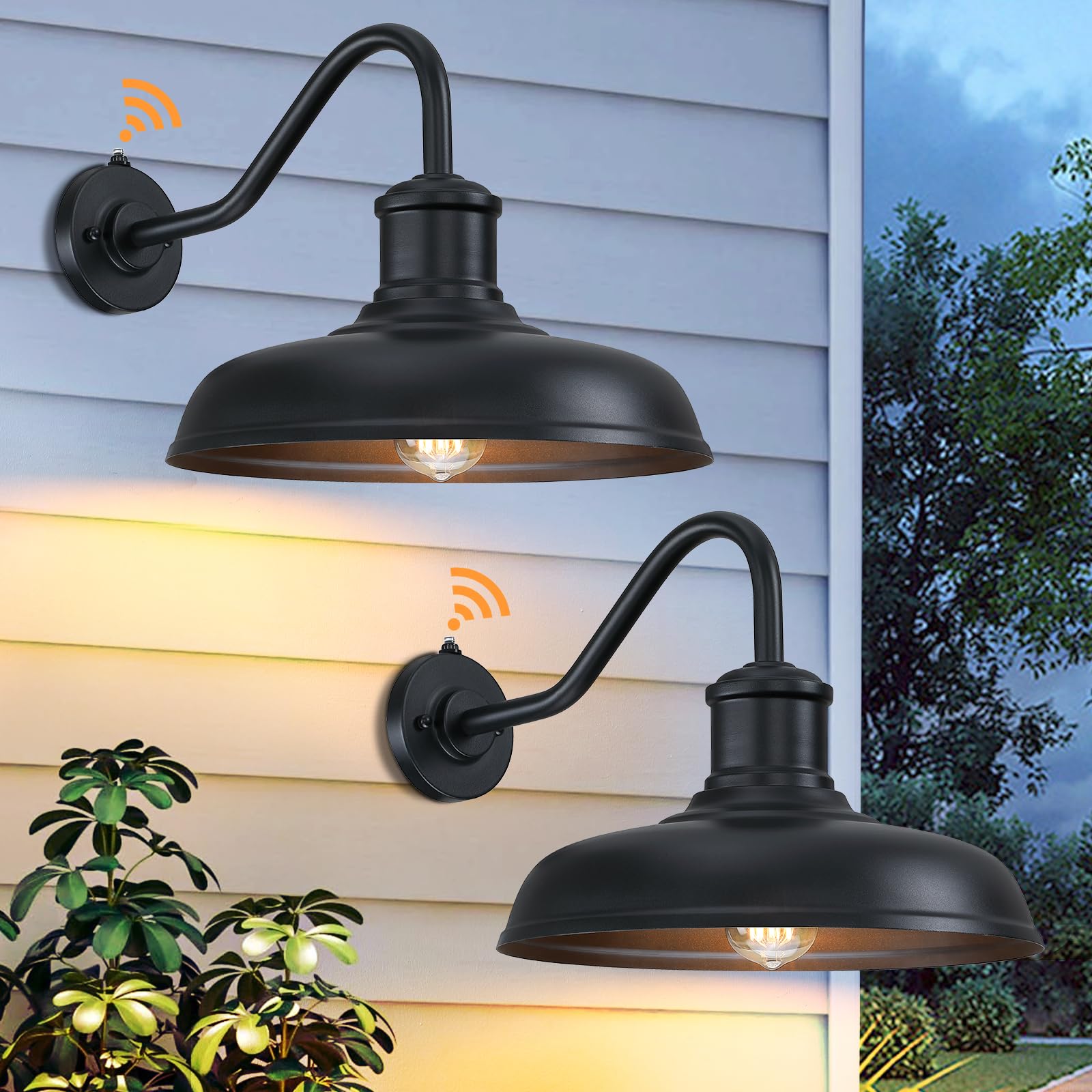Photo 1 of 13.8'' Diameter Large Dusk to Dawn Outdoor Gooseneck Barn Light 2 Packs, Outdoor Wall Sconce Farmhouse Exterior Light Wall Lighting Fixture Industrial Outside Lantern for Porch, Patio, Garage, Black