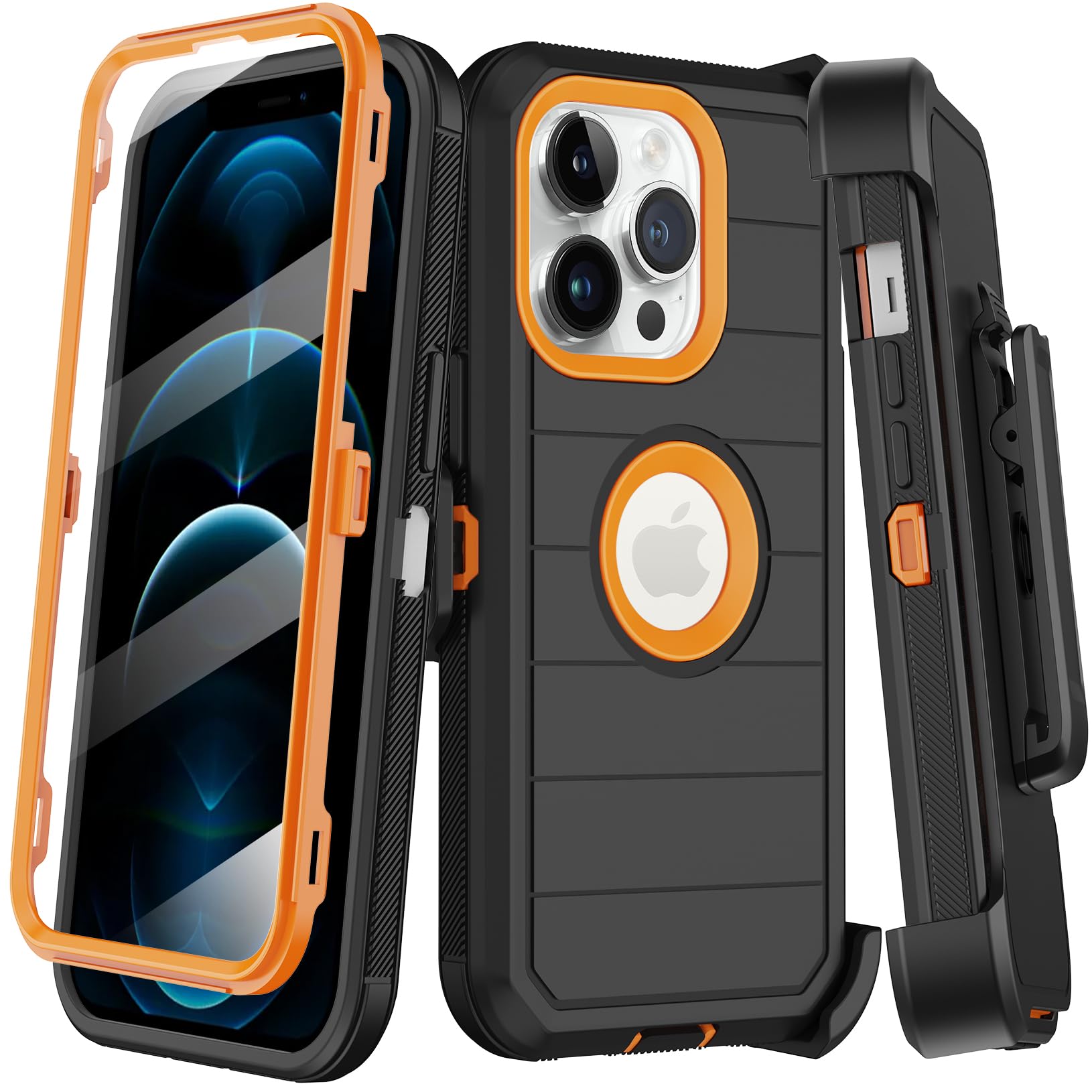 KECAI for iPhone 12 Pro Max Case with Built-in Screen Protector,Belt Clip Holster,Heavy Duty Shockproof Drop Protection Military Grade Full Body Rugged Phone Cover with Kickstand (Black Orange)