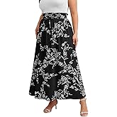 Xpenyo Womens Plus Size Maxi Skirts Summer Elastic High Waisted Boho Casual Beach Flowy Swing Long Skirts with Pockets