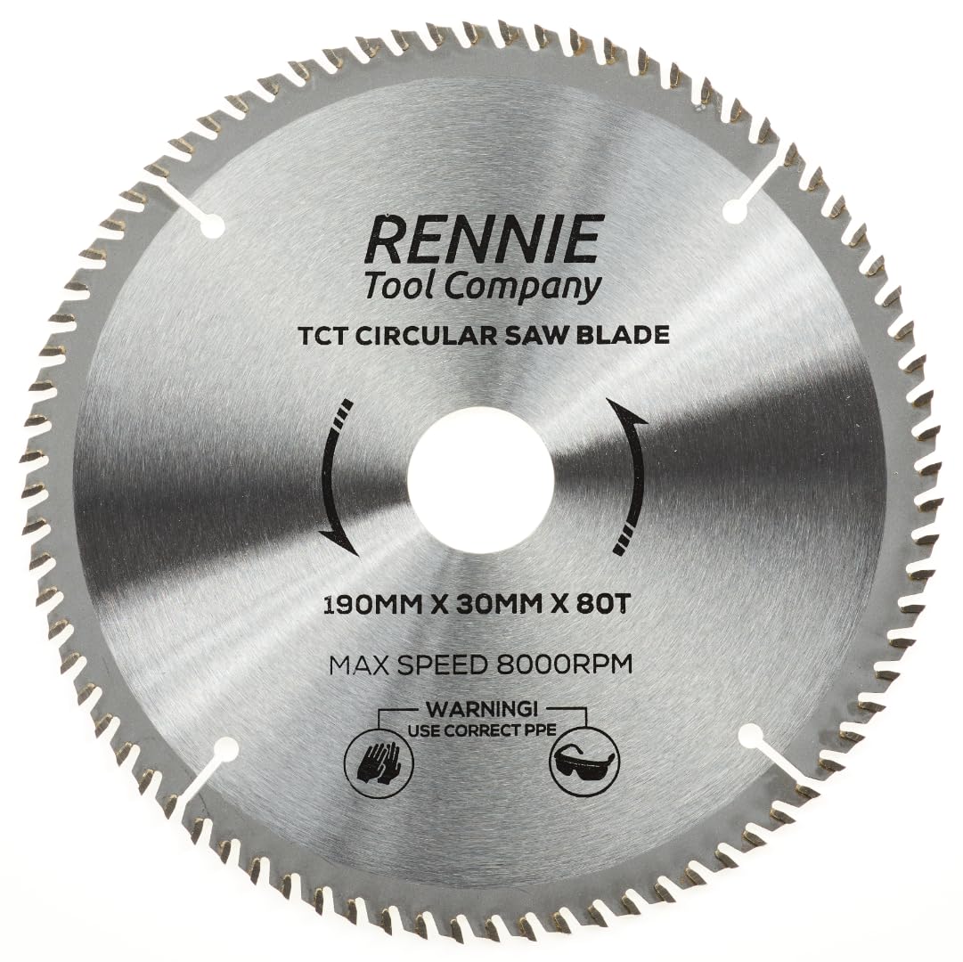 190mm x 80T TCT Saw Blade. 190mm Circular Saw Blade For Fine Cuts x 30mm Bore + 25mm/20mm/16mm Bore Reduction Rings Compatible With Bosch Makita Milwaukee Ryobi Dewalt Circular Saws etc