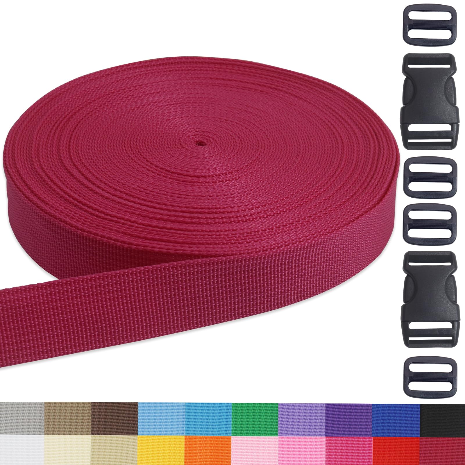 Photo 1 of 1 Inch Webbing Straps - 20 Yards Maroon Heavy Duty Polypropylene Straps with Buckles for Backpack, Climbing, Outdoor & Indoor Crafting, DIY Bags, Lawn Chair Replacement, and Seat Belts