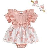 MoZiKQin Baby Girl Outfit Newborn Romper Dress Ribbed Ruffle Bowknot Skirt Hem Jumpsuit Cute Summer Clothes+Headband