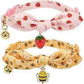 YUDOTE Bowtie Cat Collar with Bell 2 Pack Stylish Breakaway Kitten Collars with Removeable Bowknot,Yellow Bee &amp; Pink Strawberry