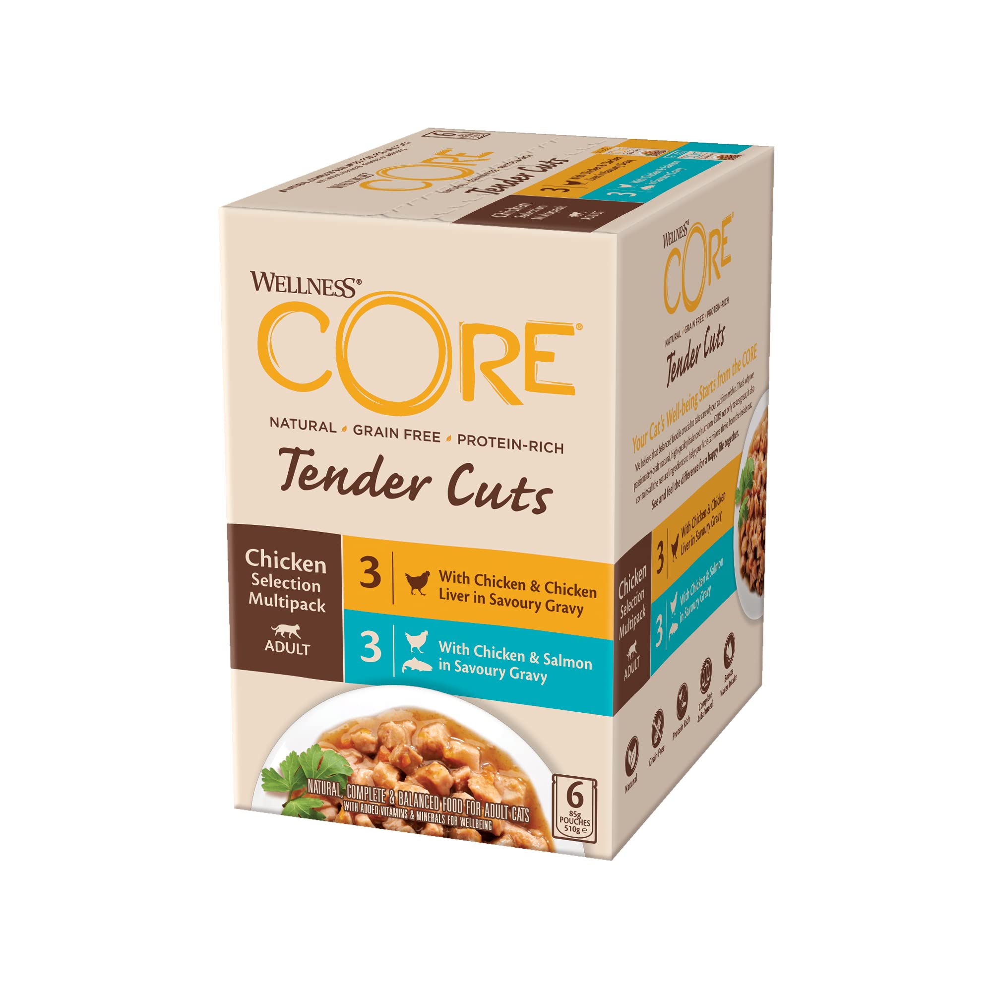 Wellness CORE Tender Cuts 6 x 85g, Chicken Selection Mix – Wet Cat Food, Tender Pieces in Sauce, Grain-Free, Natural, Hypoallergenic, Protein-Rich, High Meat Content