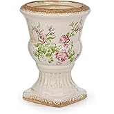 Sungmor Small Ceramic Urn Planter - Pink Scroll Floral Pedestal Flower Pot, Decorative Vintage Chinoiserie Style Planters, Tu