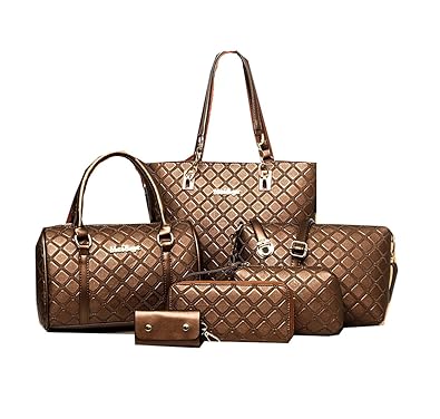 DI GRAZIA Coffee Brown Leather 6 in 1 Combo Of Womens Tote, Satchel Handbag, Sling bag, Clutch, Wallet & Key Pouch