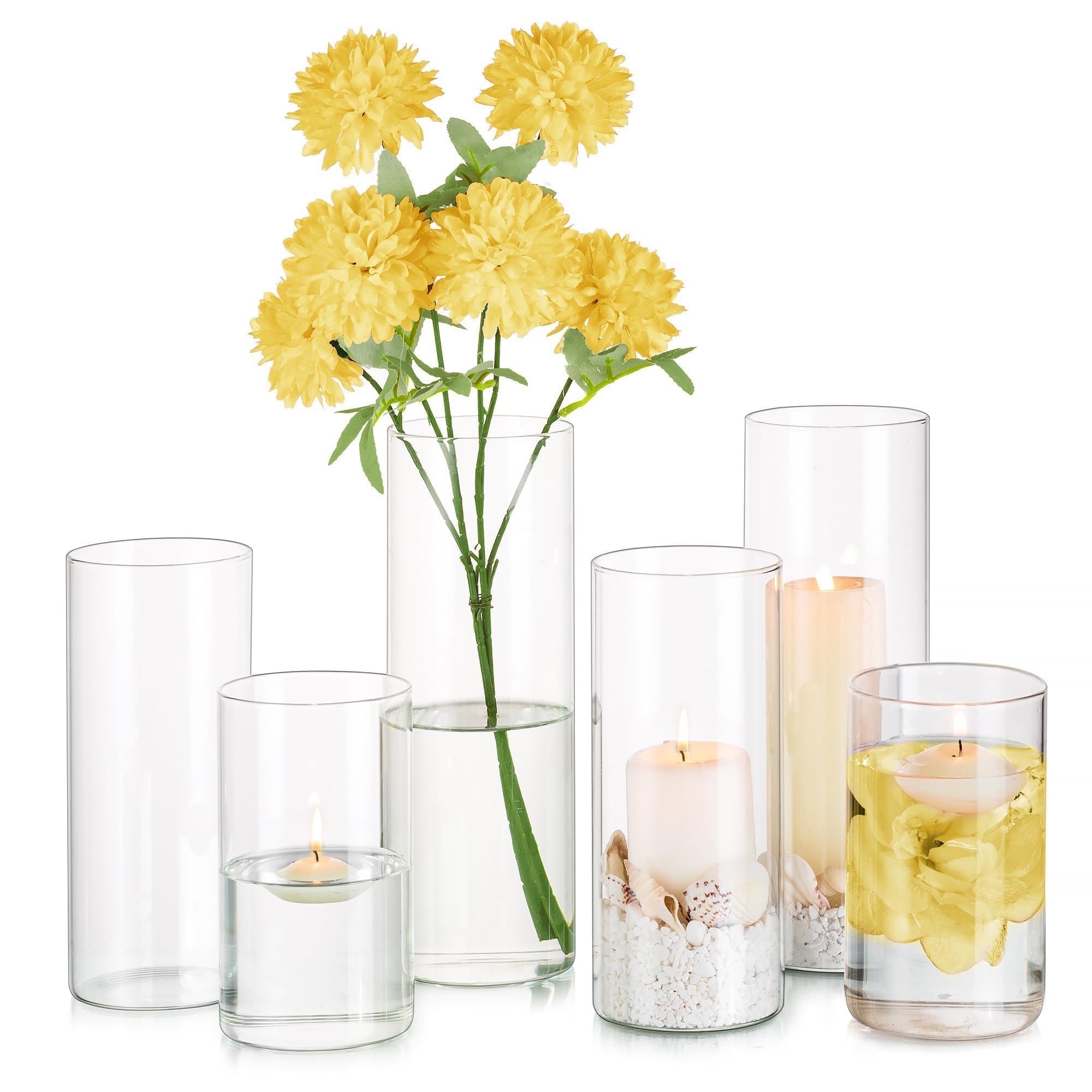 Glasseam Glass Cylinder Vases, Clear Modern Tulip Vases for Flowers & Pillar Candles, Decorative Centrepiece (10/15/20cm)