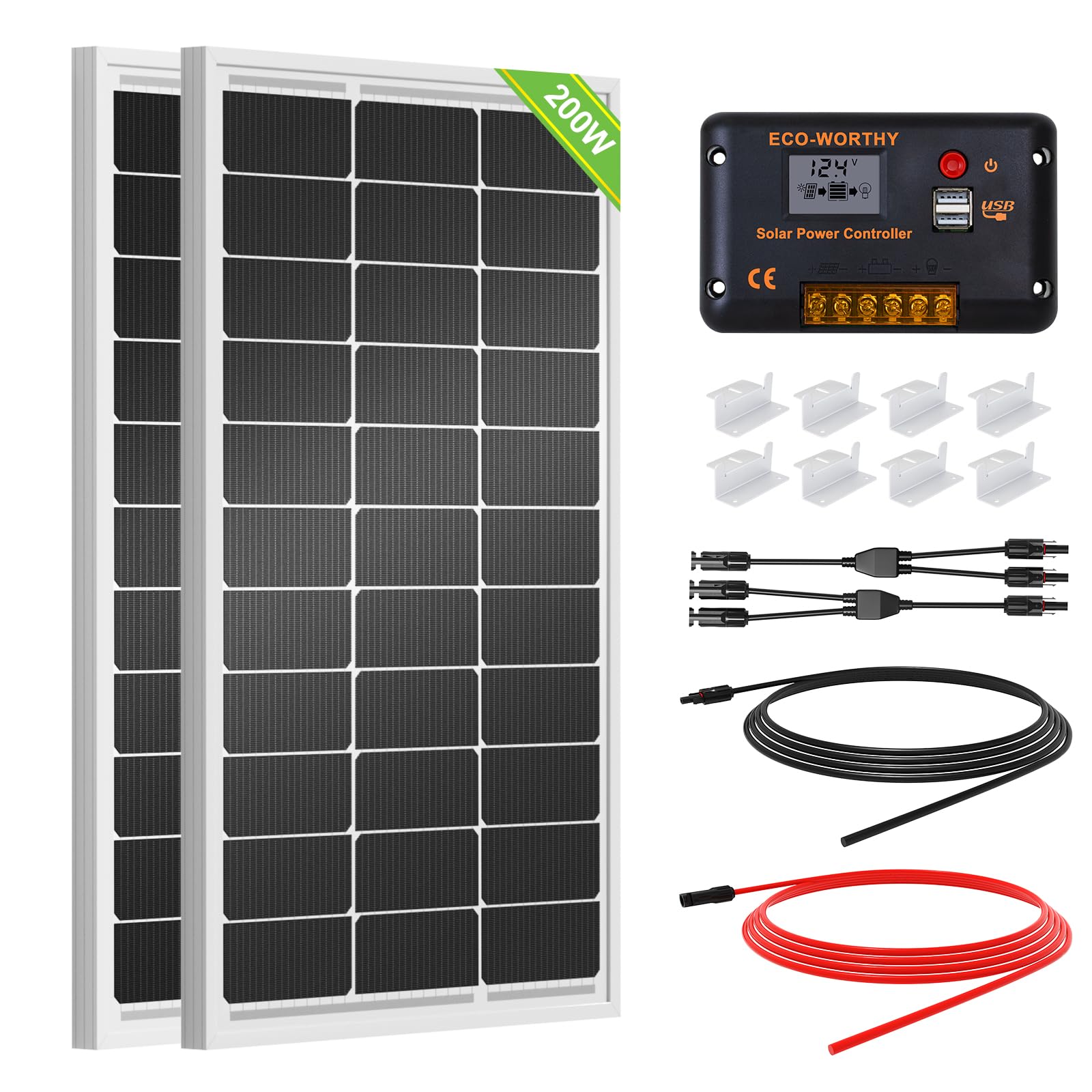 Photo 1 of ECO-WORTHY 200 Watts 12 Volt/24 Volt Solar Panel Kit with High Efficiency Monocrystalline Solar Panel and 30A PWM Charge Controller for RV, Camper, Vehicle, Caravan and Other Off Grid Applications