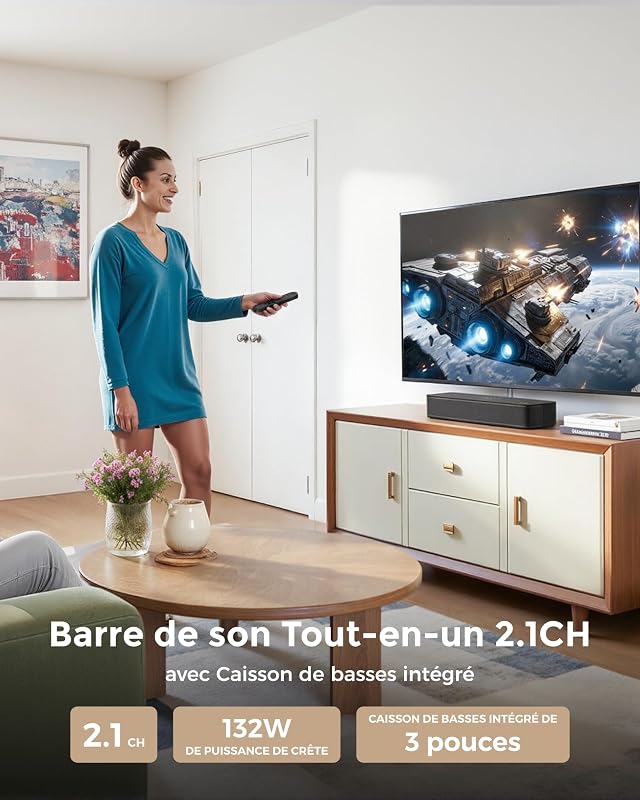 2.1ch Barre de Son TV Tout-en-Un, Puissance Crête 132W, Caisson de Basses Intégré, Barre de Son PC/Jeux, App Contrôle, 16 Pouces Haut-parleurs, BT 5.4, Opt/AUX/Montage Mural, Poseidon M20 Pro — photo 2 sur 8