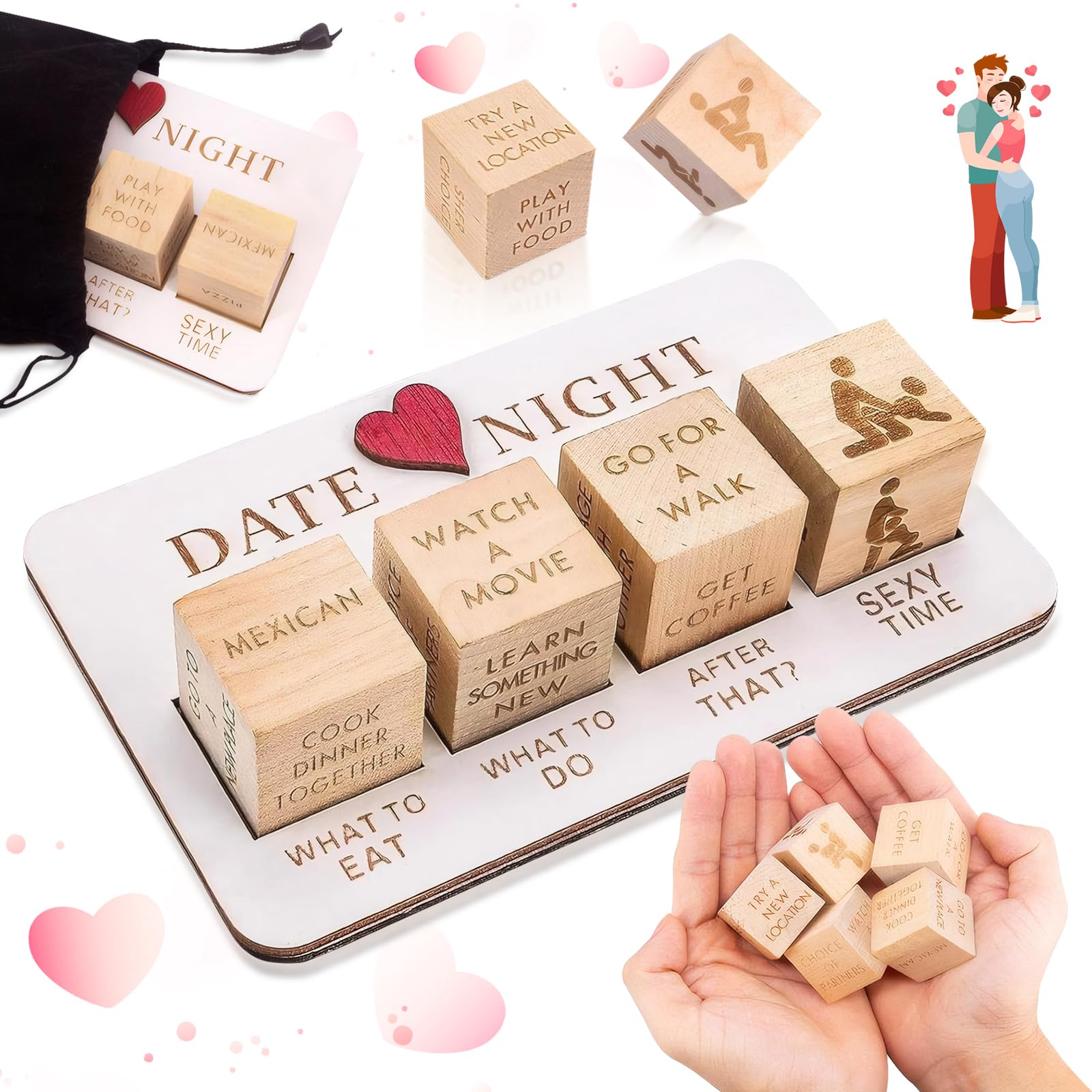 Date Night Dice for Couples, Romantic What to Do Date Night Couples Games, Wooden Fun Dice Games Set With Pouch Storage, Anniversary Wooden Date Night Dice Gifts for Her, Valentine's Day Gift