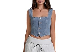 Raruxxin Women Vintage Denim Vest Button Down TieUp Sleeveless Slim Jean Crop Tank Top Y2k Summer Going Out Corset Streetwear