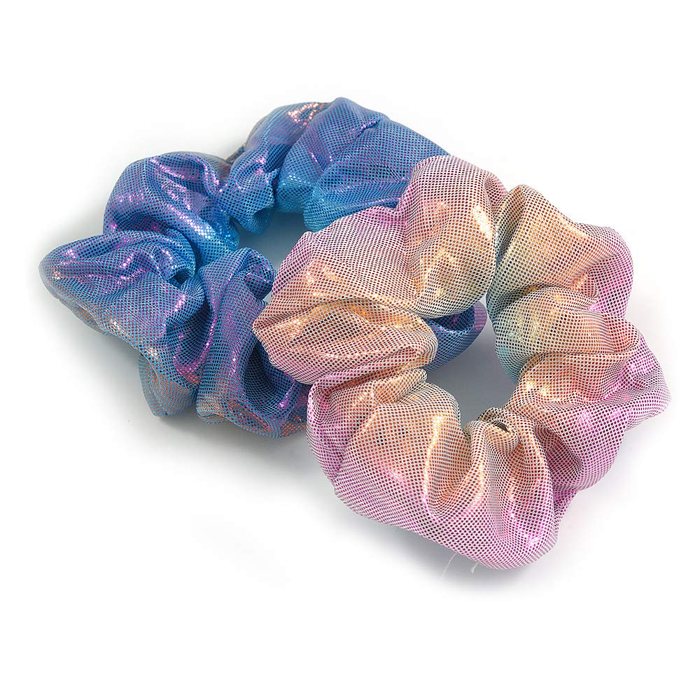 Avalaya Pack of 2 Light Chameleon Blue/Pink Snake Effect Silk Hair Scrunchies - Medium Thickness Hair