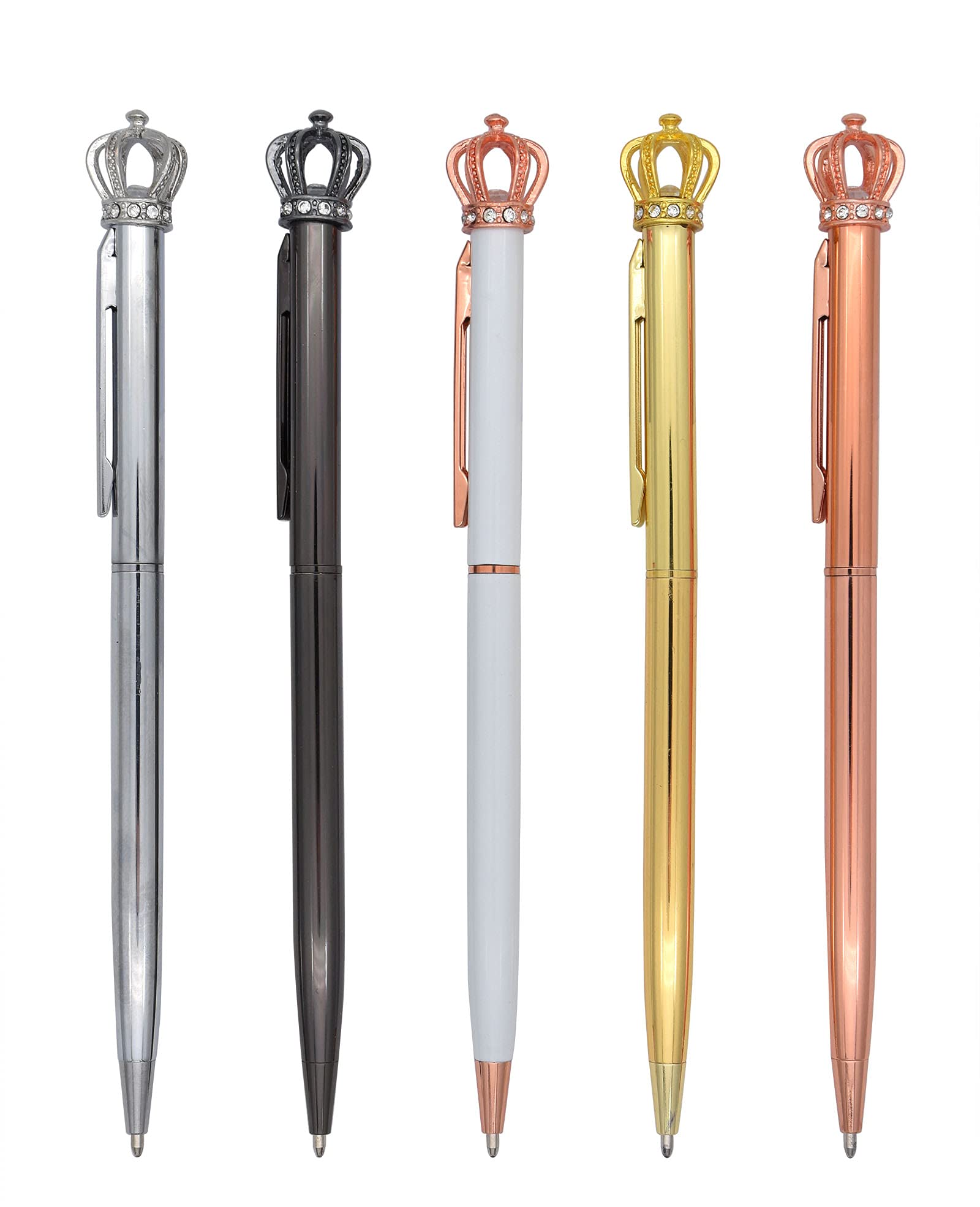 Gullor 5 Piece Black Ink Ballpoint Pen Retractable Medium Point Pen Stainless Steel Barrel with Crown Top Decor for School Office, Multicolor A