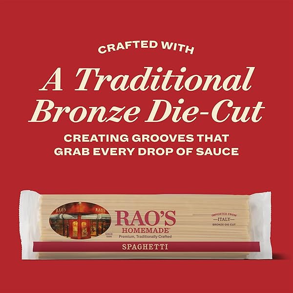 RAO’S HOMEMADE SPAGHETTI PASTA, 16OZ, TRADITIONALLY CRAFTED, PREMIUM QUALITY, FROM DURUM SEMOLINA FLOUR, TRADITIONAL BRONZE DIE CUT, IMPORTED FROM ITALY