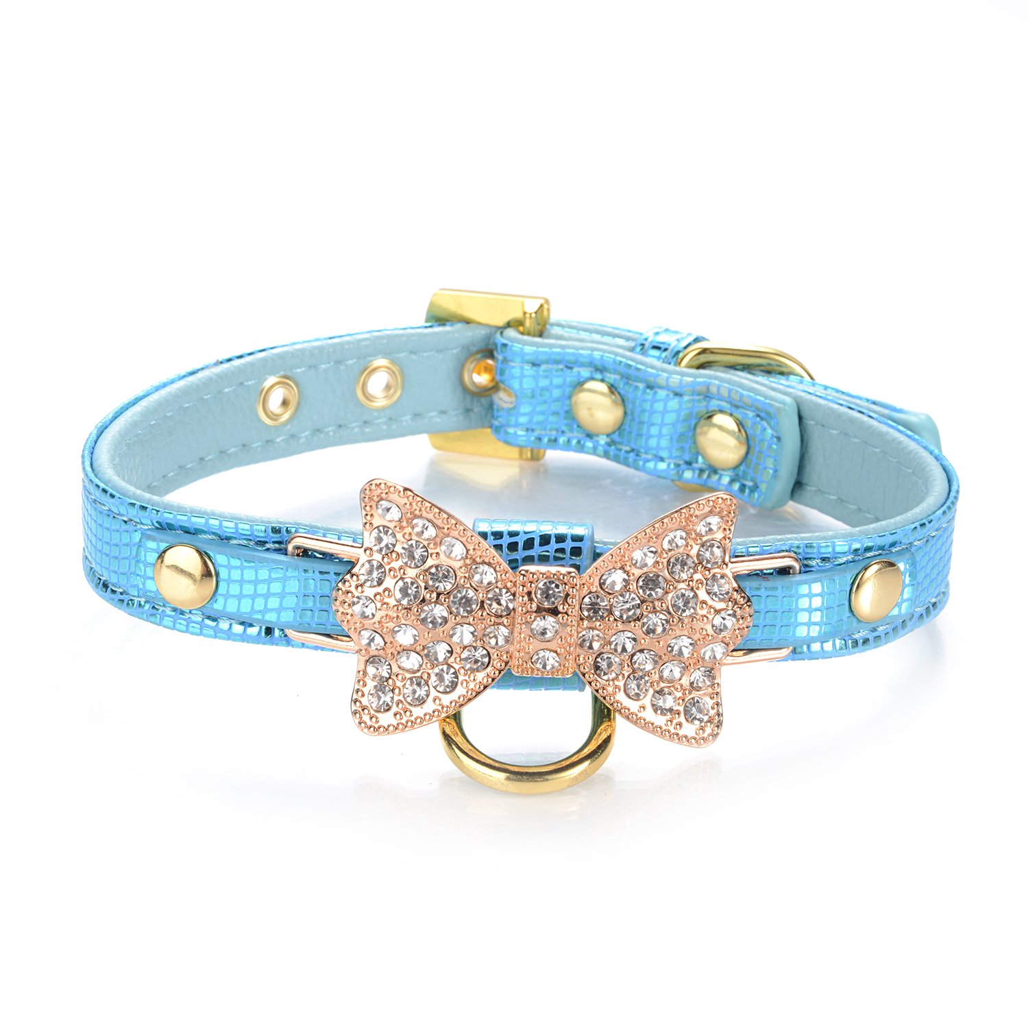 LOVPE Gold Bling Diamond Giltter Leather Fashion Collar with Ring for Tags for Small Dogs/Cats,[Adjustable Collars for puppy/kitten] (S, Blue)