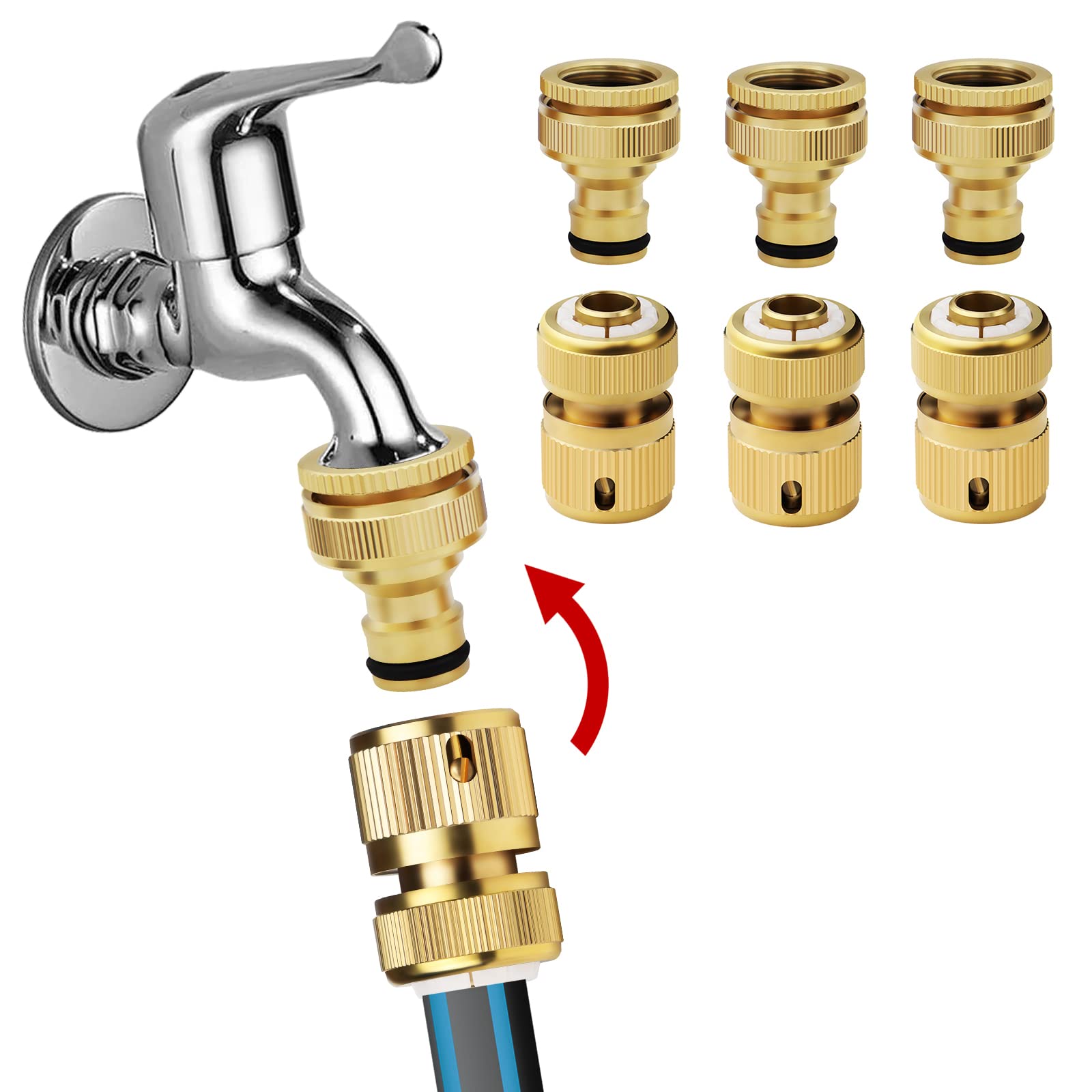 Brass Hose Tap Connectors 1/2 Inch and 3/4 Inch 2in1 Faucet Adapter,1/2 Inch Garden Hose Quick Connector,Fitting for Car Washing & Hose Connection （6 pcs） — image 1