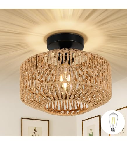 SEIHONG Rattan Ceiling Light Rustic Semi Flush Mount Ceiling Light