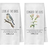 QWZDRHYJI Christian Bird Floral Kitchen Towels, Christian Gifts for Women Dish Tea Towels, Matthew 6:26-28 Bible Verse Decorative Hand Towel for Kitchen Bathroom, 16x24 Inch Set of 2