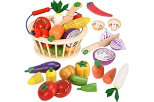 Smartwo Wooden Play Food Set Montessori Toys,Cutting Pretend Play Food Toys with Basket,Kids Play Kitchen Accessories,Educati