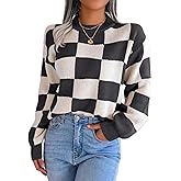 Women's Color Block Checkered Crew Neck Long Sleeve Y2K Plaid Knitted Pullover Sweater Tops Vintage Preppy Style Knitwear
