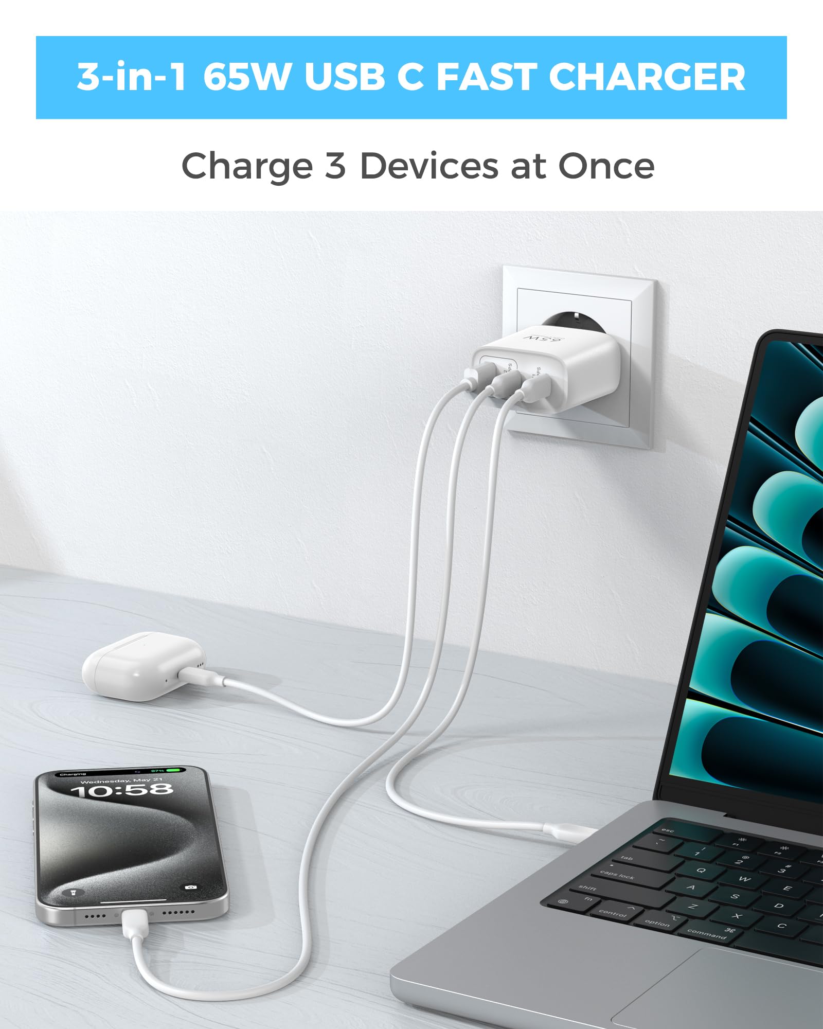 USB C Ladegerät 65W, 3-Port USB C Netzteil mit 60W Kabel 1M, PPS und PD Schnellladegerät für MacBook Pro/Air, für iPad Pro/Air, für iPhone 17/16/15/14/13 Pro Max, Galaxy S25+/S24 Ultra/Pixel 10, Weiß 3