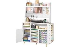 DWVO Craft Table with Storage Cabinet, USB Ports and AC Outlets, Movable Shelves, Vinyl Roll Holders, Pegboard & Hooks, Crafting Organizer for Craft Room Home Office