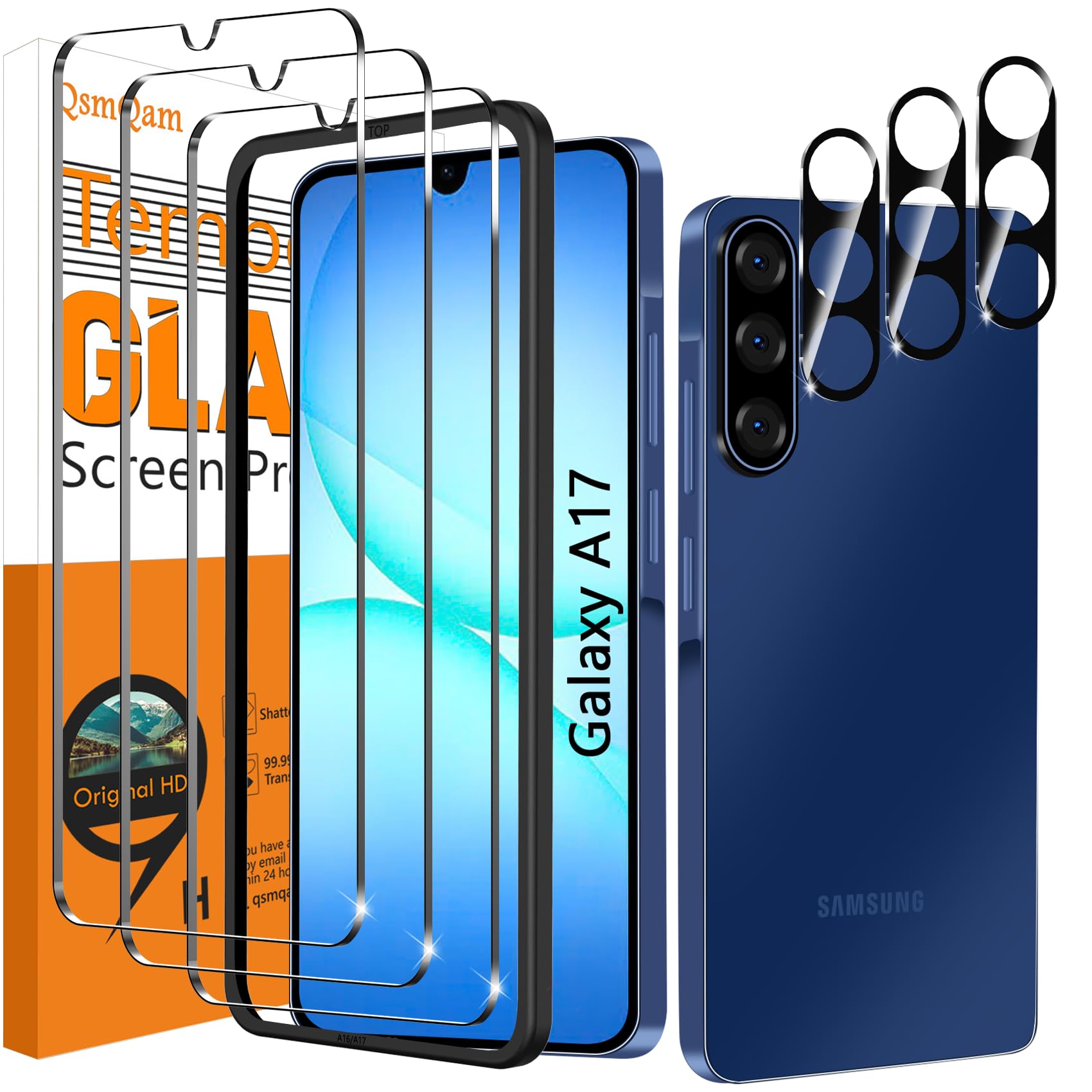 QsmQam 3 Pack Screen Protector for Samsung Galaxy A17 5G + 3 Pack Camera Lens Protector, Ultra HD Tempered Glass, 9H Hardness, Anti Scratch, Easy Installation - Case Friendly