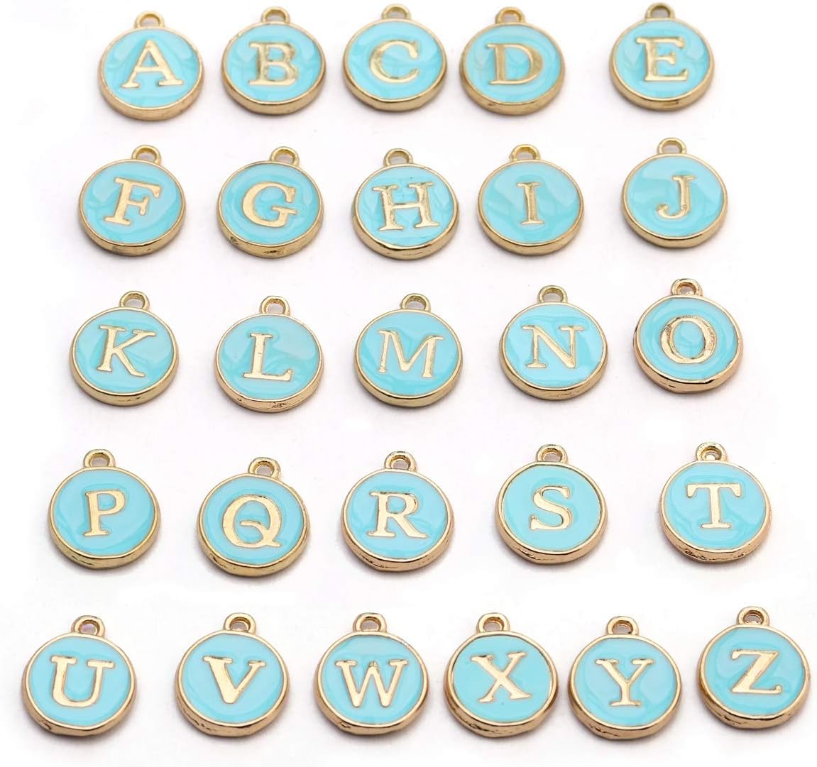 Linsoir Beads Cute Mixed Letter Beads 26 Metal Letter Charms Enamel Initial Charms Wholesale Double Sided Alphabet Charms for Necklace and Bracelet Making Craft Supplier 26pcs/lot