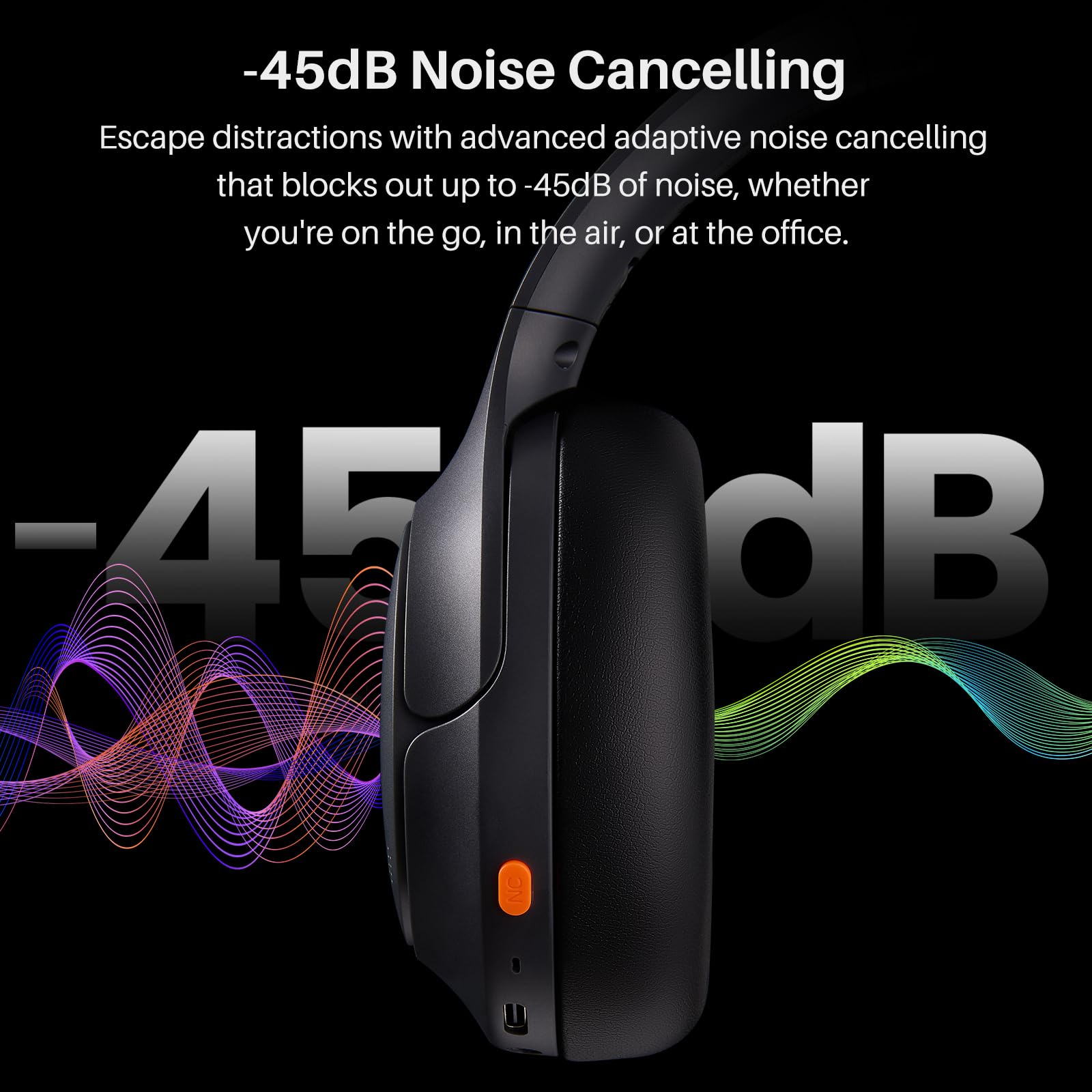 TOZO HT3 Hybrid Noise Cancelling Headphones, 90H Playtime Wireless Over Ear Bluetooth Headset, Spatial Audio AI Chat with 5 Mics, Supports Dual Connection and USB-C Input, with 32 EQ Music Modes