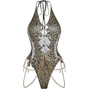 Floerns Women's Gothic Cut Out Lace Up Bodysuit Going Out Halter Neck Rave Body Suits