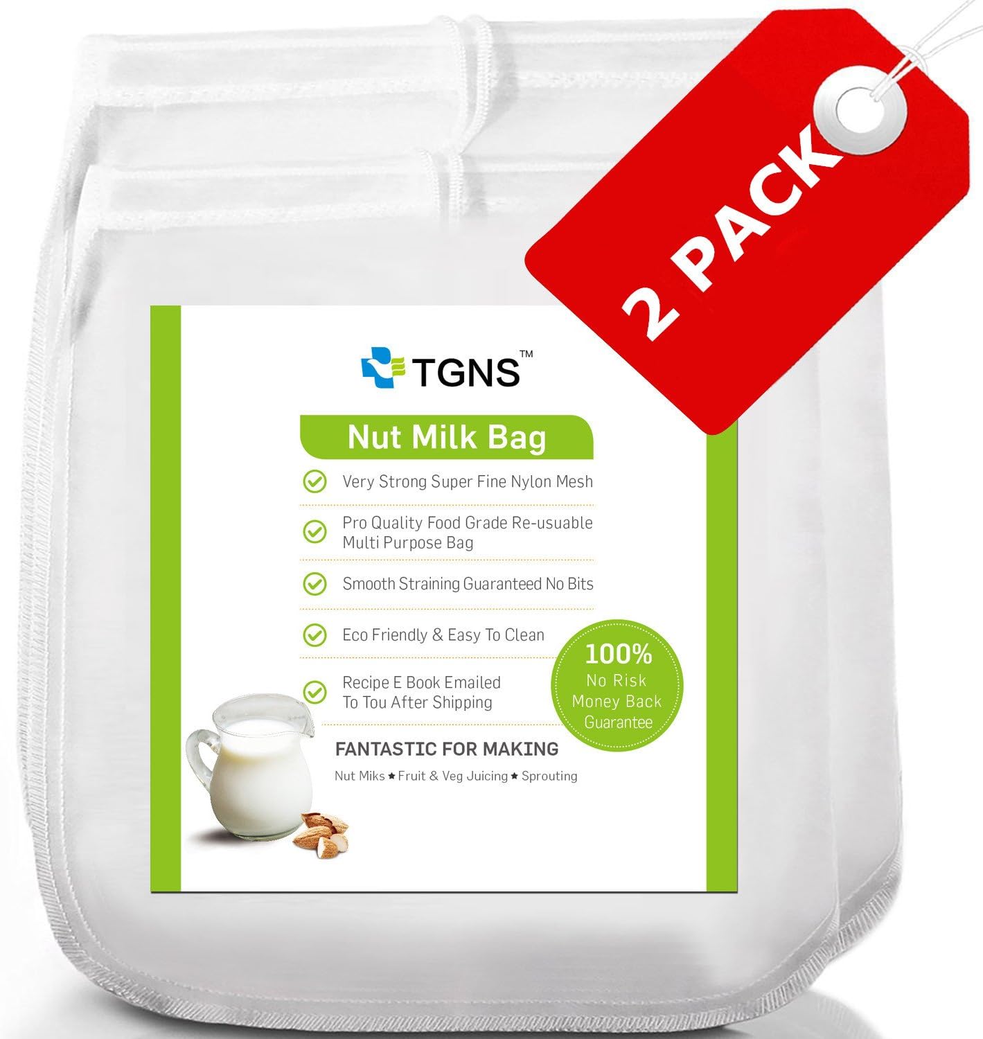 TGNS 2 Pack Nut Milk Bag (12"x12") & (12"x9") Strong Reusable Almond Milk Bags - Commercial Food Grade Fine Nylon Mesh - Food Strainer & Cheese Maker Coffee & Tea Filter