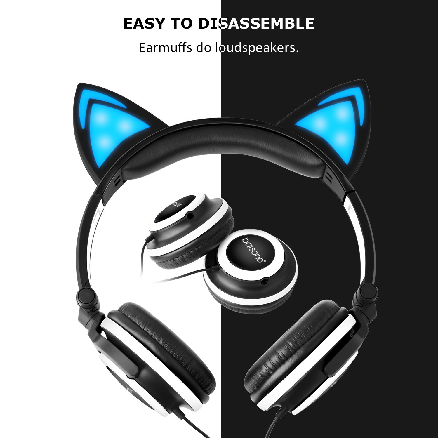 Barsone Cascos Brillanate Como Orejas de Gato para Los Niños, Auriculares de Diadema Plegables con Luz LED para Casi Todos Los 3.5mm Dispositivos de Interfaz (Negro)