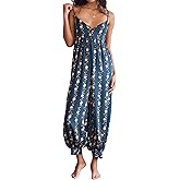 Huaqiao Women Loose Sleeveless Jumpsuits Spaghetti Strap Harem Overalls Boho Summer Floral Print Rompers