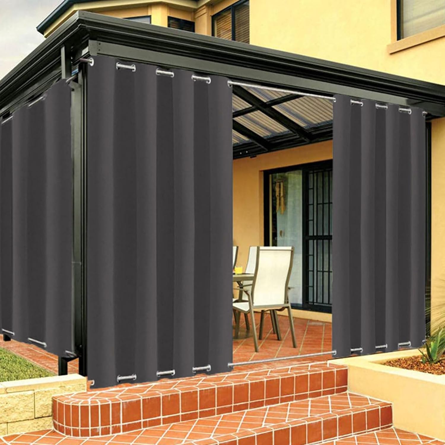 Outdoor Curtains - FicaRico Outdoor Curtains for Patio Waterproof Gazebo Curtains, Windproof Curtains with Grommets On Top and Bottom, Sun Blocking Curtains for Pergola, Backyard | 1 Panel, W84 xH84, Dark Grey