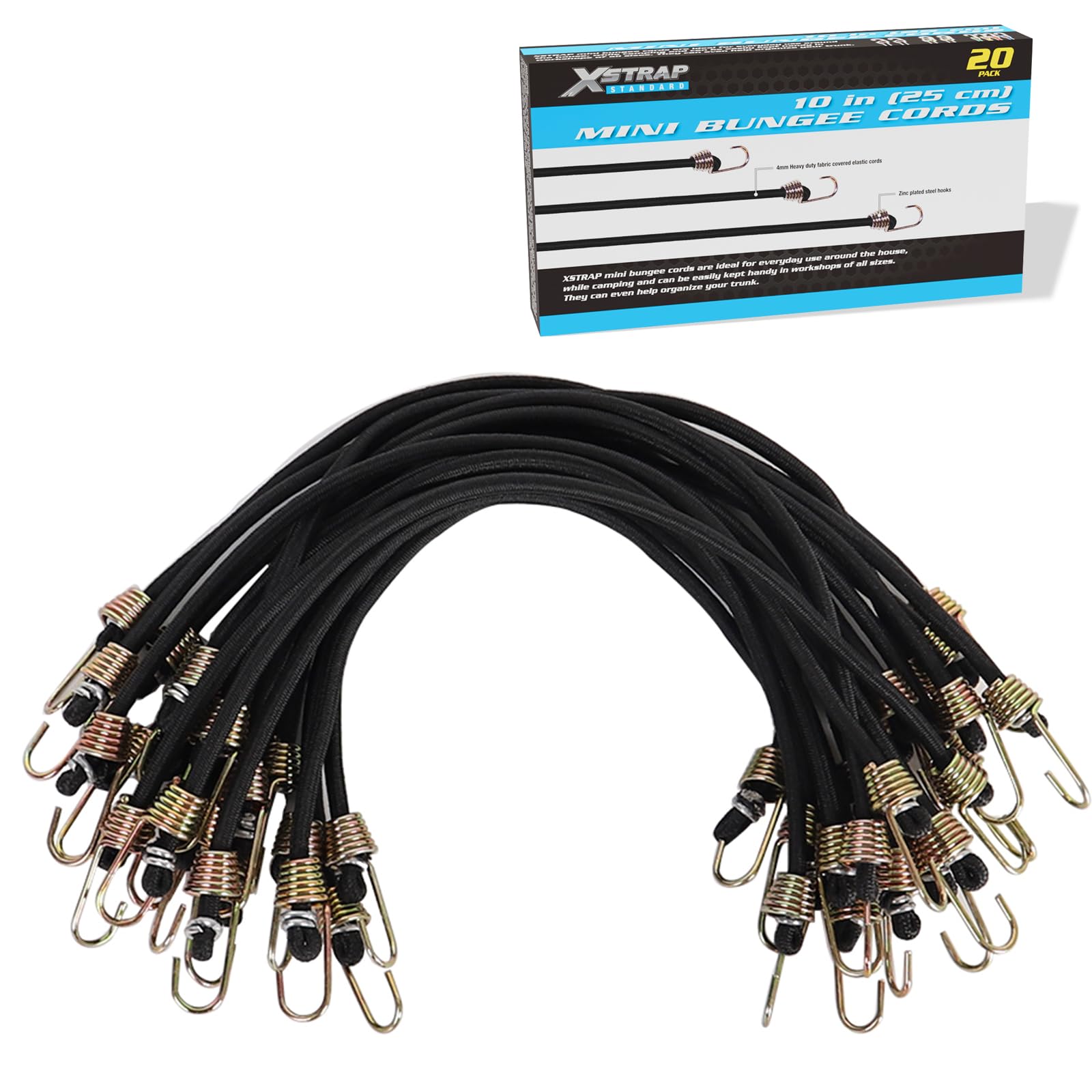 XSTRAP STANDARD 10-Inch Mini Bungee Cords 20 Pieces Rubber Stretchy Bungee Cords with Steel Hooks for Tarp Covers, Canvas Canopies, Motorcycle, Cargo, Hang Christmas Ornaments