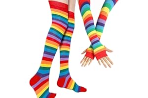 AUOCATTAIL Womens Rainbow High Socks Gloves Set Over Knee Striped Socks Rainbow Dash Cosplay Accessories for Girls