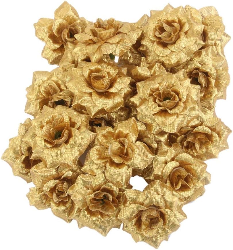 Runfon 50PCS Artificial Flowers Rose Heads Silk Roses Decoration Flowers for DIY Headwear Bouquets Wedding Rose flower head gold 50 packs