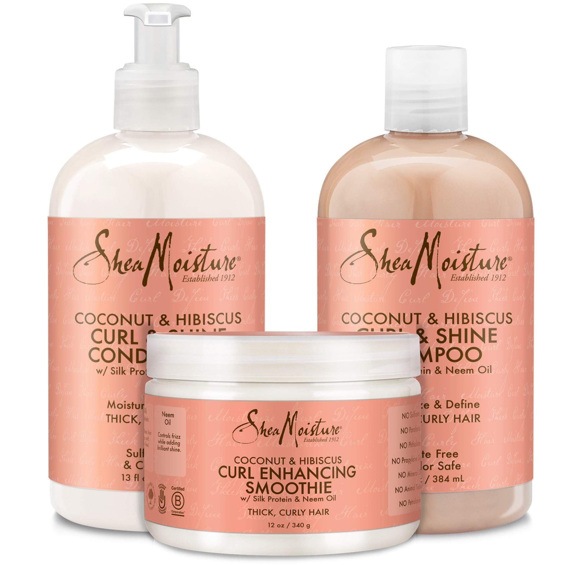 Shea Moisture Coconut and Hibiscus Combination Pack – 13 oz. Curl &amp; Shine Shampoo, 13 oz. Curl &amp; Shine Conditioner &amp; 12 oz. Curl Enhancing Smoothie